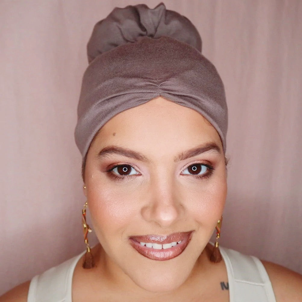 Taupe Anacaona Afrona - Satin lined hat - Curly Hair products - Hat for curly hair - replace your bonnets, head wraps and satin pillow with the Afrona.